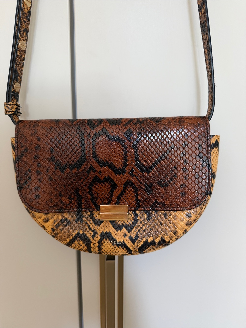 Wandler Two-Tone Snake-Print Crossbody in Brown and Tan